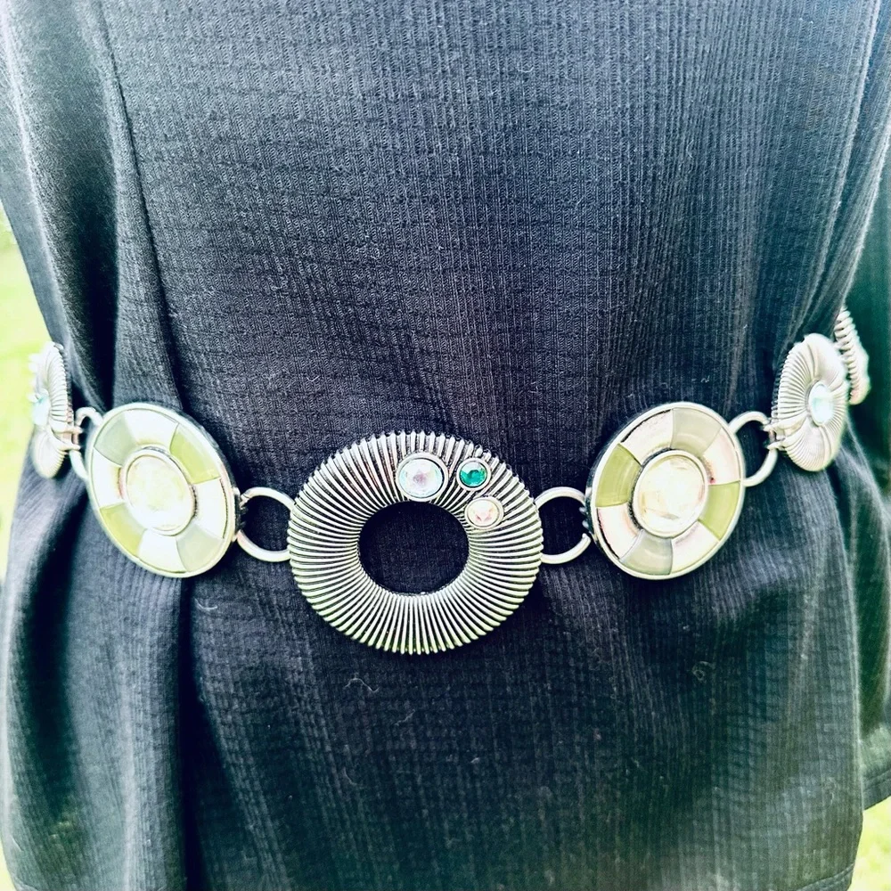 Chico's Silver Chain Statement Belt with blue & green accents - Picture 5 of 10